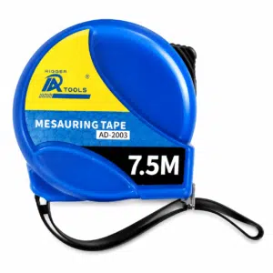 Blue retractable tape measure with yellow label and 7.5M marking, showing AD-2003 measuring tape badge on the case.