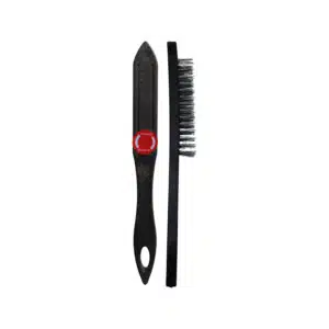 Two black cleaning tools: a plastic scraper with a red circular grip and a slim bristle brush next to it.