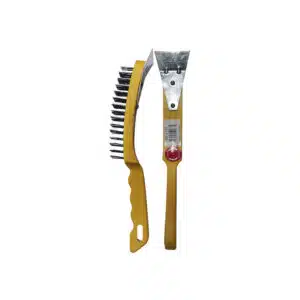 Yellow two-in-one car snow brush with a bristle cleaning head on one side and an integrated ice scraper on the other end.