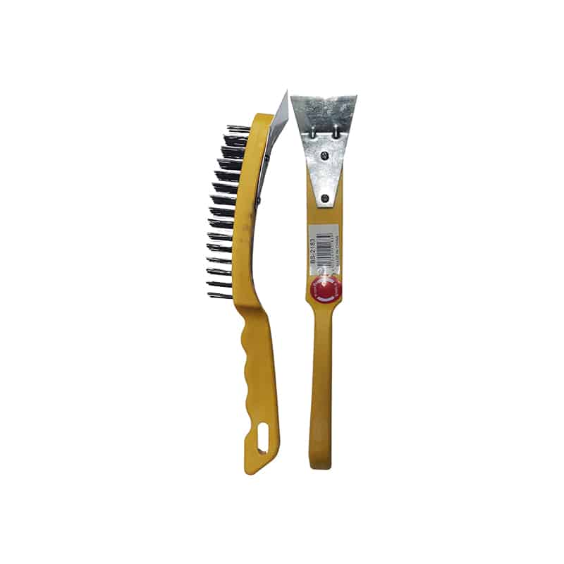 Yellow Two in One Car Snow Brush with a Bristle Cleaning Head on One Side and an Integrated Ice Scraper on the Other End