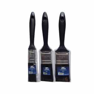 Three flat paint brushes with black handles in plastic packaging, arranged in a row of varying widths