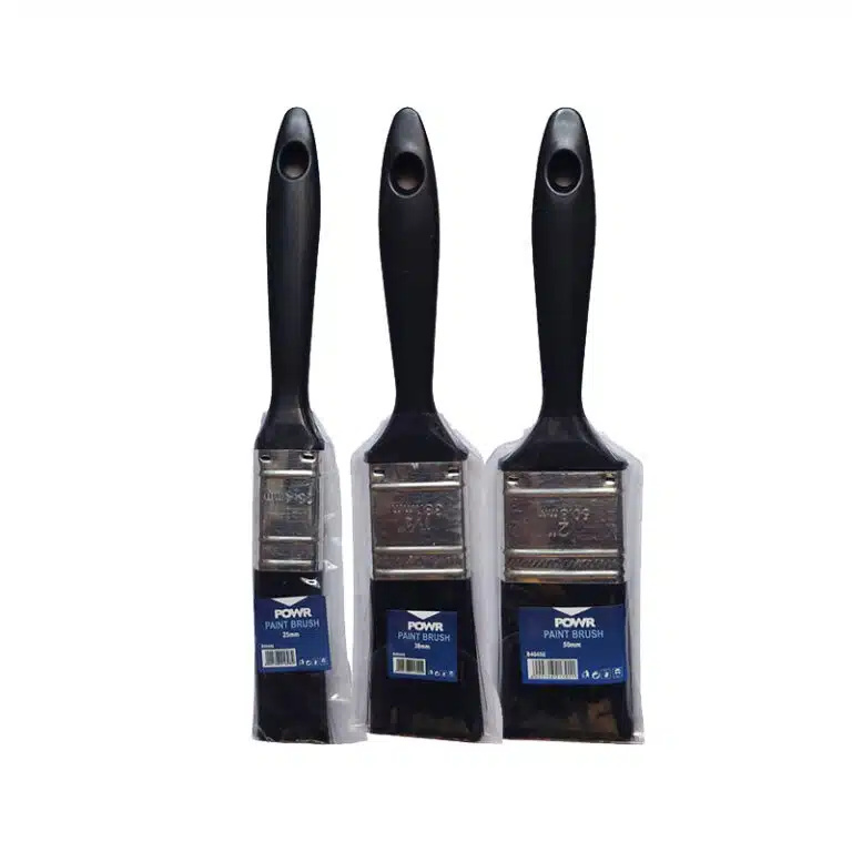 Three flat paint brushes with black handles in plastic packaging, arranged in a row of varying widths