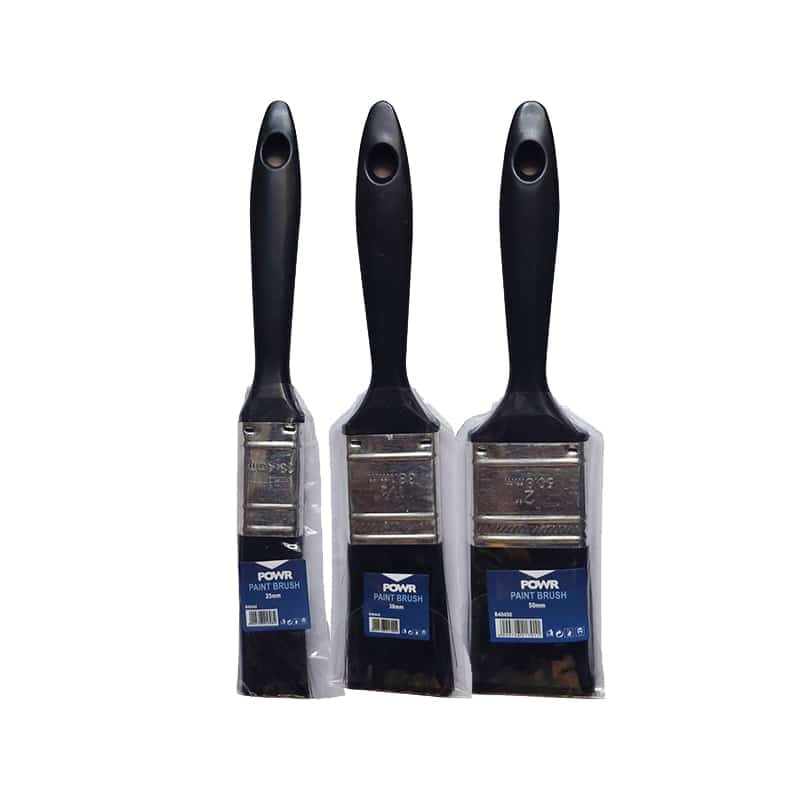 Three Flat Paint Brushes with Black Handles in Plastic Packaging Arranged in a Row of Varying Widths