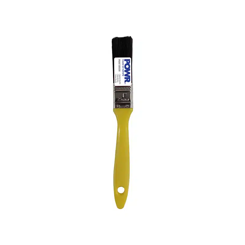 Yellow handled Paintbrush with Black Bristles and Powr Brand Label flat Brush to Apply Paint on Surfaces