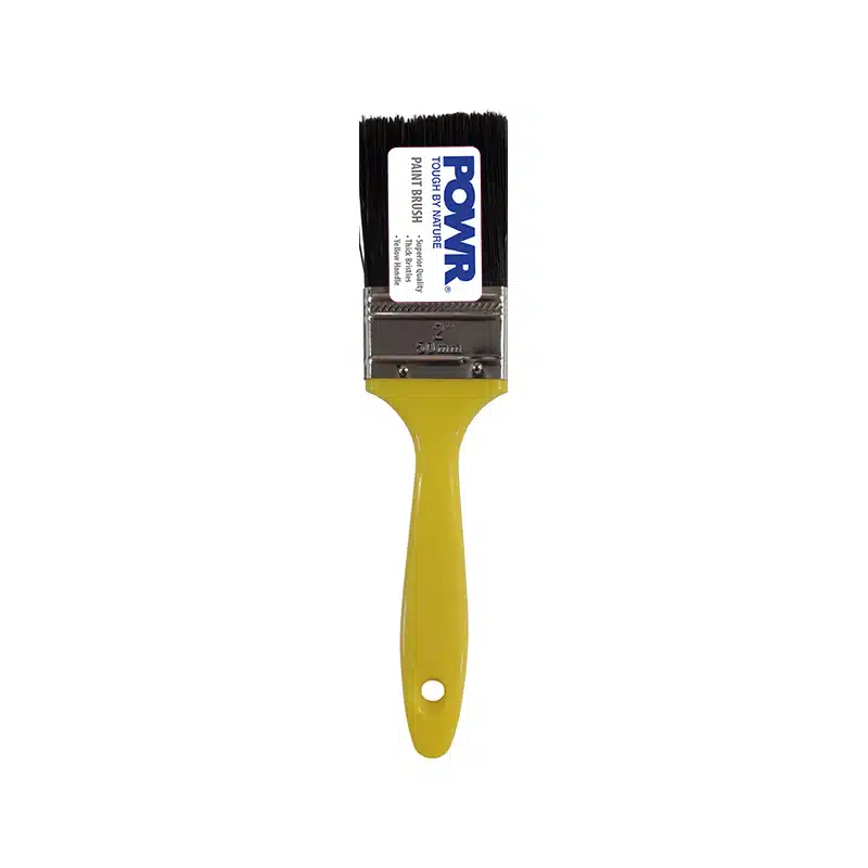 Yellow handled Paintbrush with Black Bristles and a Metal Ferrule Ready to Paint