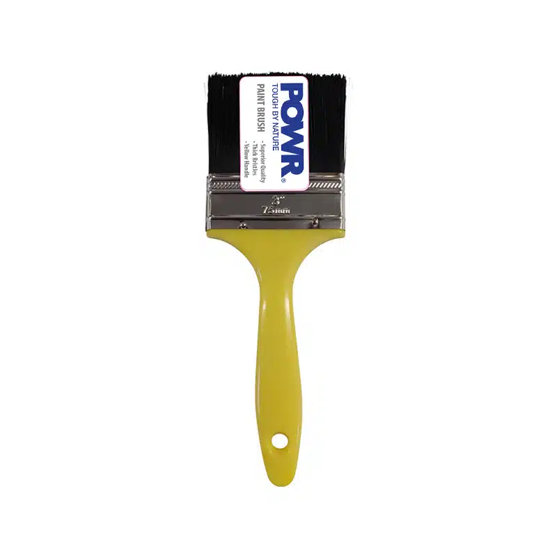 Yellow handled Flat Paintbrush with Black Bristles and Metal Ferrule