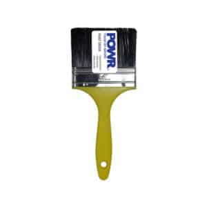 Flat paintbrush with a yellow handle and black bristles, viewed head-on