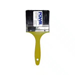 Flat paintbrush with a yellow handle and black bristles, viewed head-on