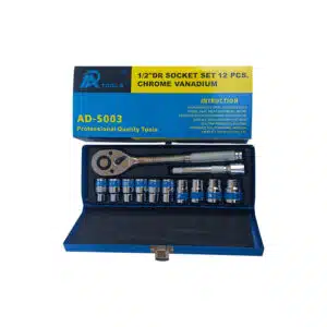 Blue open toolbox containing a 12-piece chrome-vanadium socket set with a ratchet and bits, labeled AD-5003 Professional Quality Tools (TX Tools).