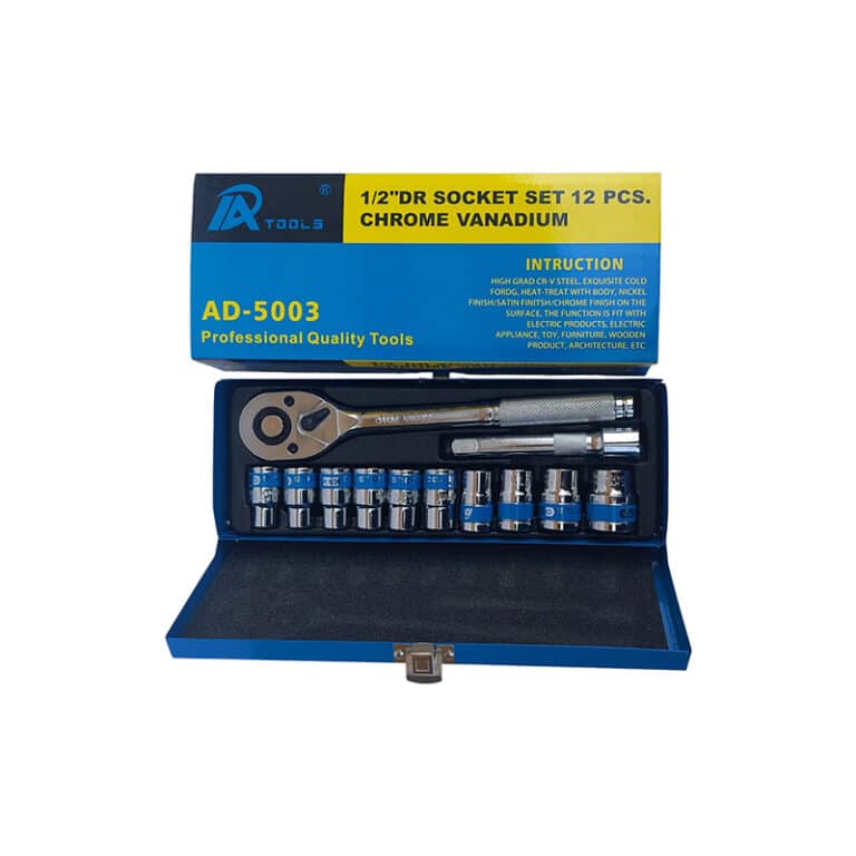 Blue open toolbox containing a 12-piece chrome-vanadium socket set with a ratchet and bits, labeled AD-5003 Professional Quality Tools (TX Tools).