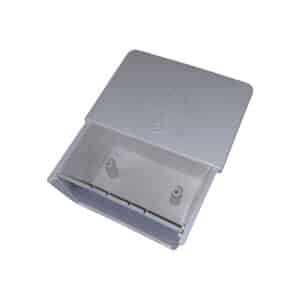 Open gray plastic box with hinged lid and empty interior, showing two internal pegs