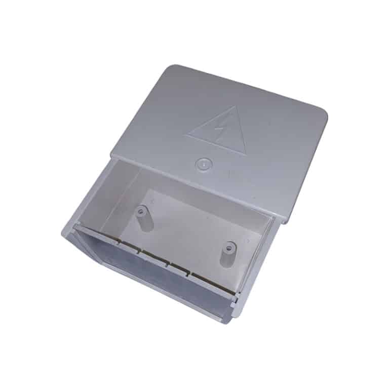 Open gray plastic box with hinged lid and empty interior, showing two internal pegs