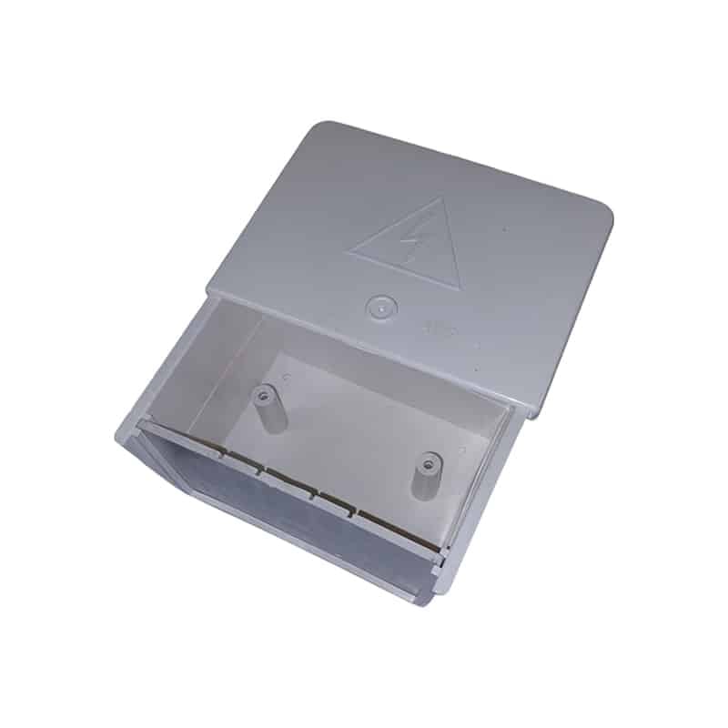 Open Gray Plastic Box with Hinged Lid and Empty Interior Showing Two Internal Pegs