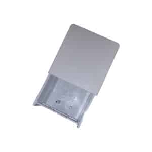 Gray plastic rectangular component with an open end showing an inner cavity and mounting features; appears to be an electronics enclosure or cartridge part.