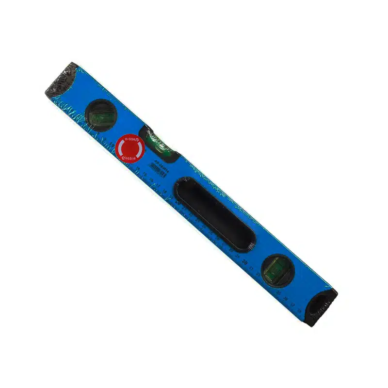 Blue Plastic Spirit Level with Bubble Vials Used to Check Level Alignment Shown Diagonally Across the Frame