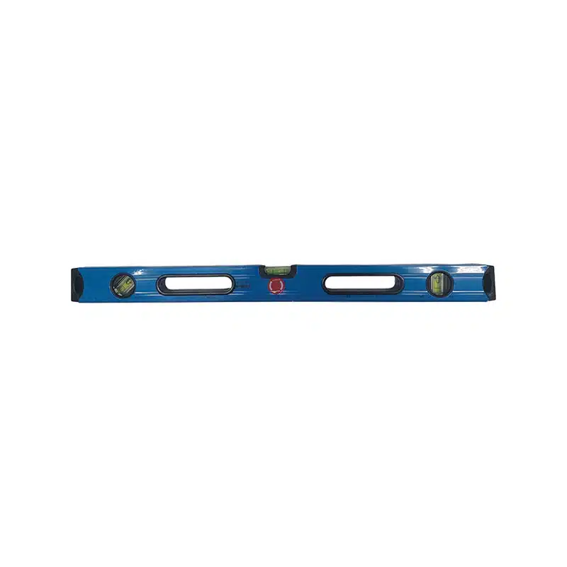 Blue Spirit Level Laid Horizontally with Two Inner Bubble Vials for Level Checking Used to Ensure Surfaces Are Plumb and Level