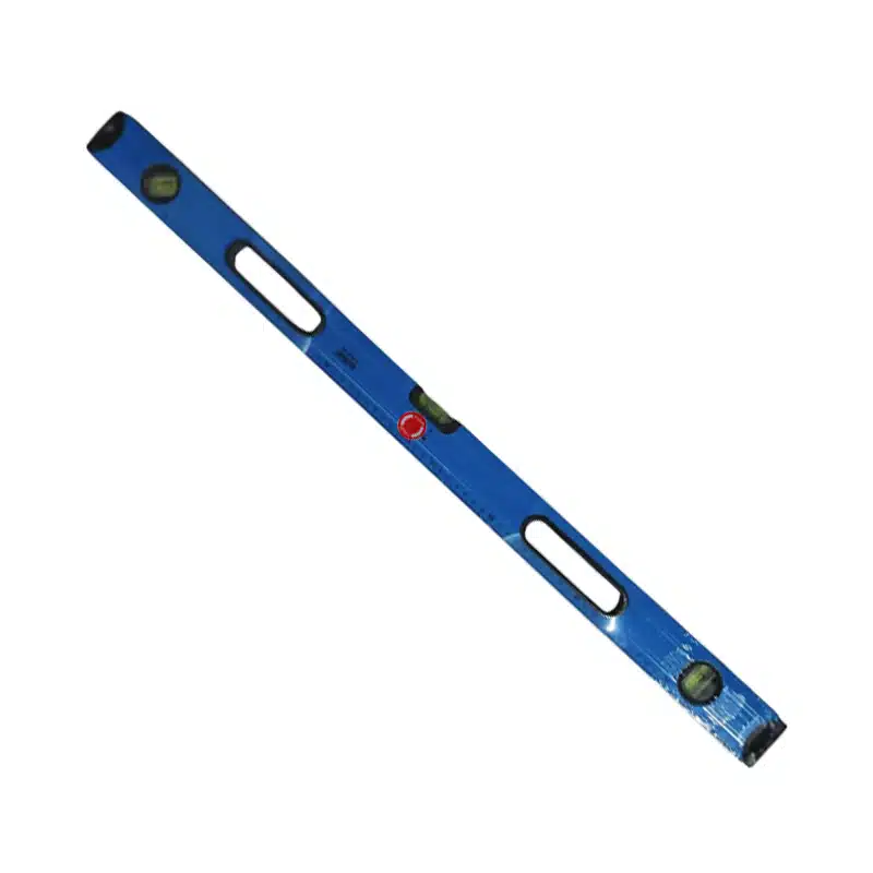 Blue Long Spirit Level with Two Bubble Vials Laid Diagonally for Checking Horizontal Alignment