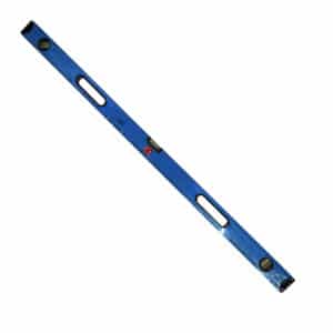 Blue aluminum spirit level with two bubble vials, shown at an angle for checking level.