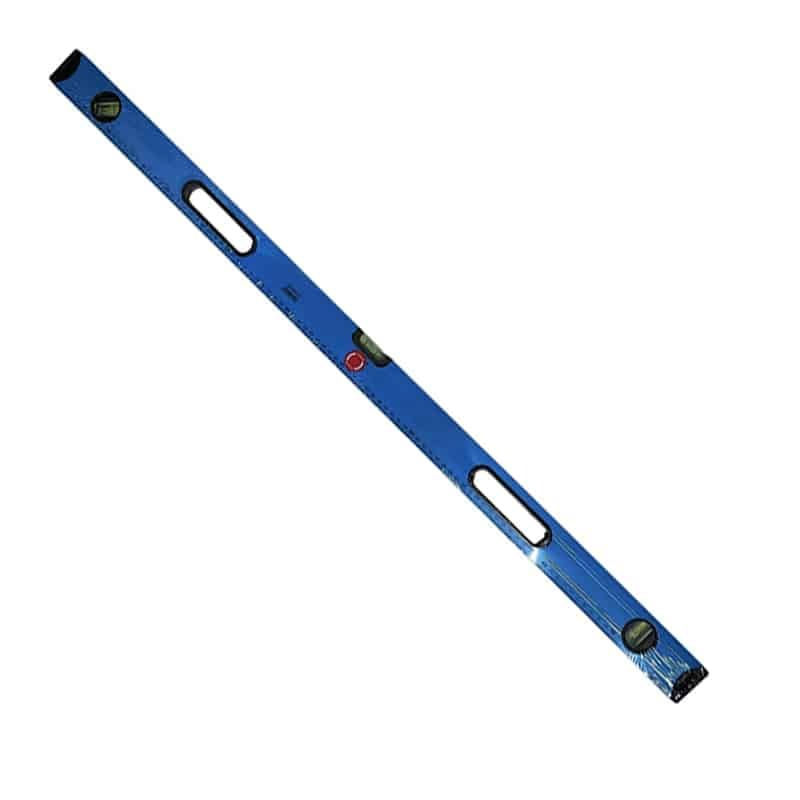 Blue Aluminum Spirit Level with Two Bubble Vials Shown at an Angle for Checking Level