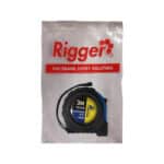 Rigger Measuring Tape in White Packaging with Red Logo and Slogan Shows a Tape Reel Image on the Front