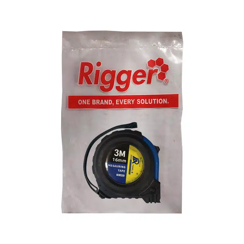 Rigger Measuring Tape in White Packaging with Red Logo and Slogan Shows a Tape Reel Image on the Front