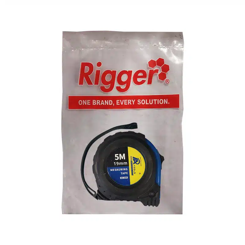 Packaging for a Rigger Measuring Tape 5 M Length Yellowblue Case Visible on Front brand Slogan One Brand Every Solution