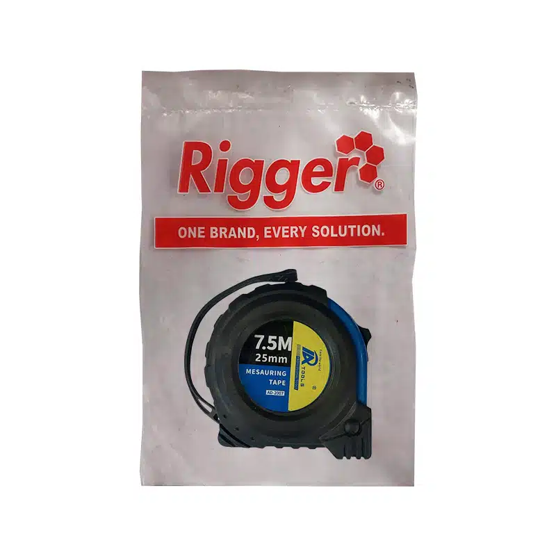 White Packaging with a Red rigger Logo and Slogan one Brand Every Solution Containing a Black and blue 75m X 25mm Measuring Tape Inside the Case