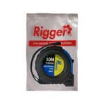 Measuring Tape in White Packaging with Red rigger Logo and Red Slogan 10m Long and 25mm Wide Tape Visible in Case