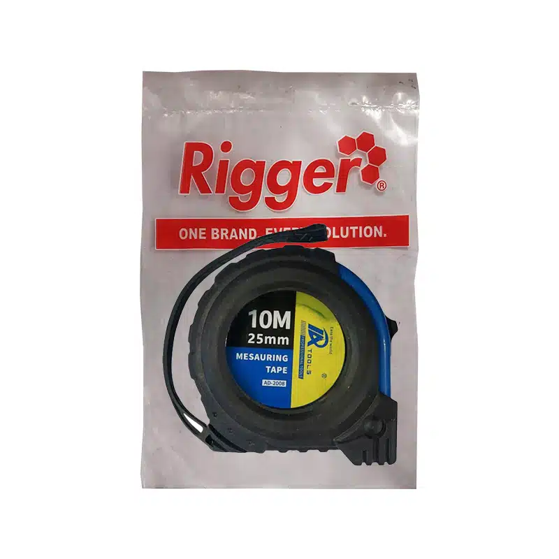 Measuring Tape in White Packaging with Red rigger Logo and Red Slogan 10m Long and 25mm Wide Tape Visible in Case