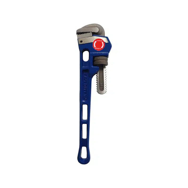 Blue Adjustable Wrench with Serrated Jaws and a Hollow Handle Cap at the End tool Image but Concisely Blue Adjustable Wrench