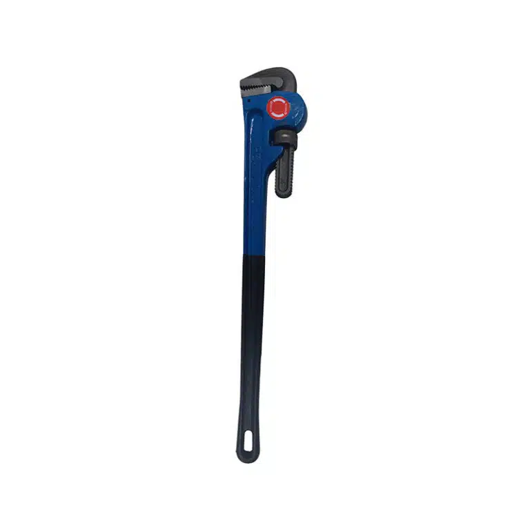 Blue adjustable pipe wrench with a long black handle on a white background
