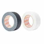 Two Rolls of Adhesive Tape One Blackgray Duct Tape and One White Packing Tape on a White Background