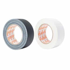 Two rolls of adhesive tape: one black/gray duct tape and one white packing tape, on a white background.