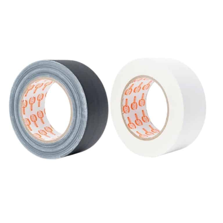Two rolls of adhesive tape: one black/gray duct tape and one white packing tape, on a white background.