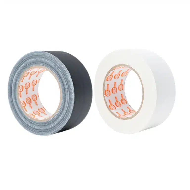 Two rolls of adhesive tape: one black/gray duct tape and one white packing tape, on a white background.