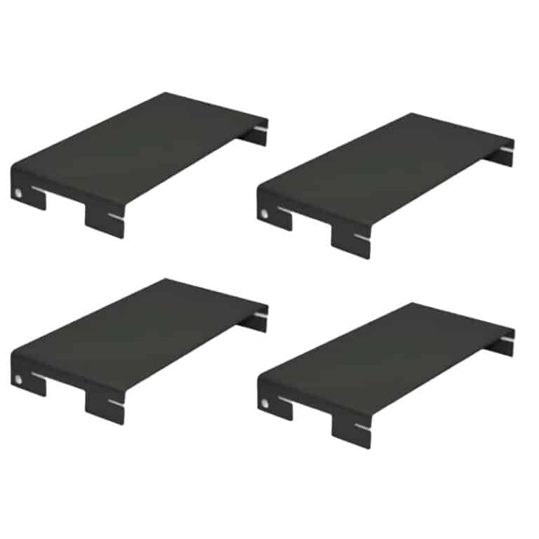 Four black metal mounting shelves/brackets arranged in a 2x2 grid.