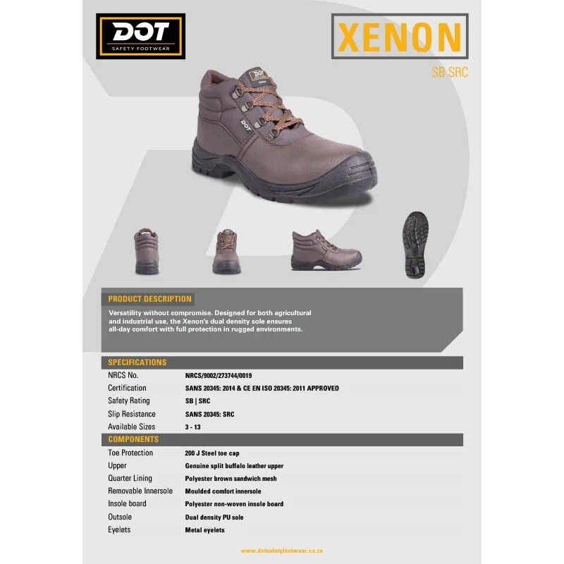 Brown Dot Xenon Safety Boot sb Src Shown with Multiple Views and Brand Logos Product Sheet in Background