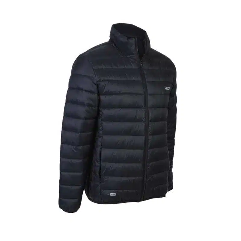 Black Quilted Puffer Jacket with a Full length Zipper and Stand up Collar Horizontal Baffles and Side Pockets