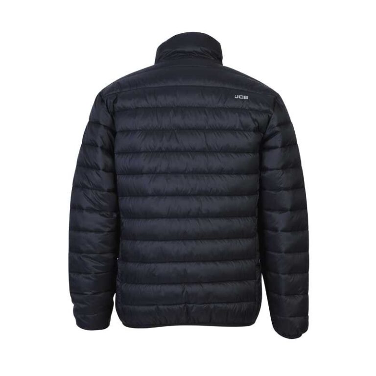 Back view of a black quilted puffer jacket with a high collar and the JCB logo on the upper back edge.