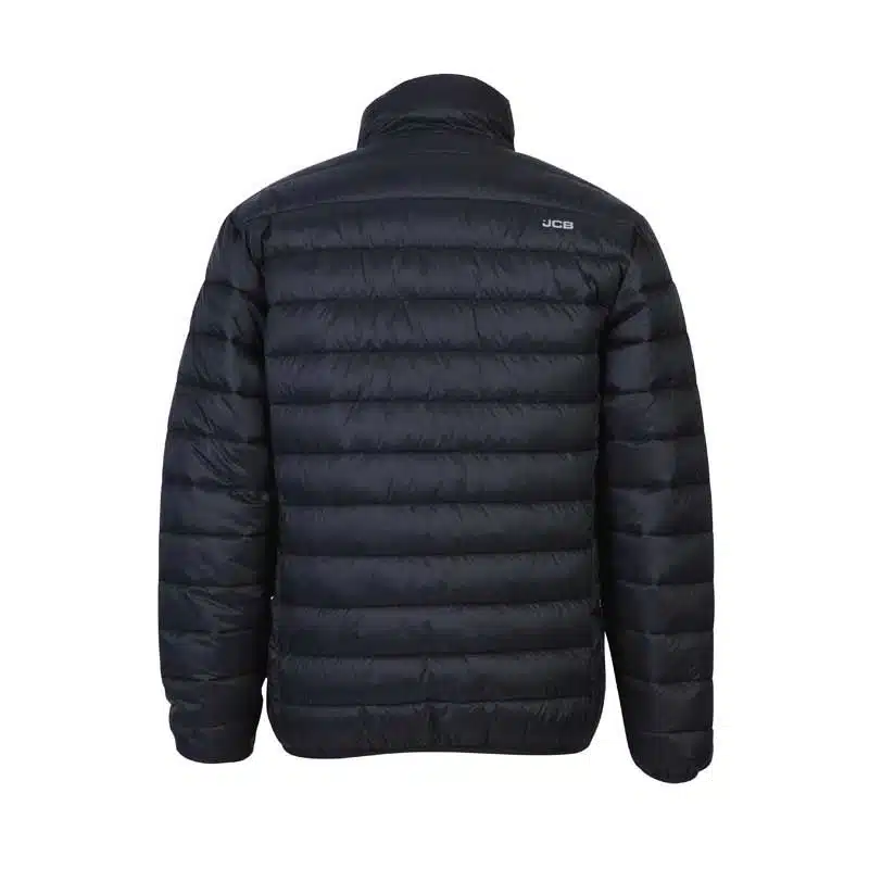 Back View of a Black Quilted Puffer Jacket with a High Collar and the Jcb Logo on the Upper Back Edge