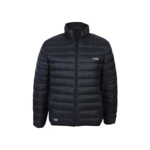 Black quilted puffer jacket with front zipper and stand-up collar; JCB logo on the left chest.