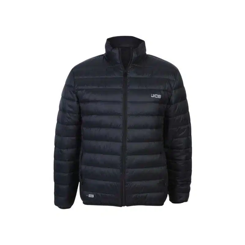 Black Quilted Puffer Jacket with Front Zipper and Stand Up Collar Jcb Logo on the Left Chest