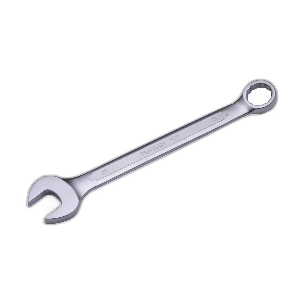 Silver combination wrench, 20 mm size, open-end and ring jaws, angled on white background with brand imprint.