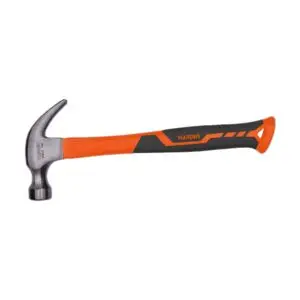 Claw hammer with an orange and black ergonomic handle.