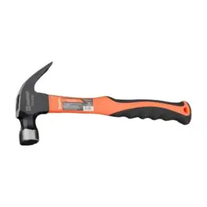Claw hammer with orange and black ergonomic handle, shown in side view for nail driving and removal