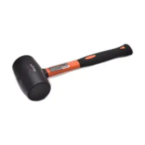 Rubber mallet with a black head and orange/black grip, used to tap surfaces without marring them.