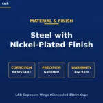 Material and finish | Securadeal Lb Product Banner Steel with Nickel plated Finish Highlighting Corrosion Resistance Precision Ground and Warranty Backed on a Navy Background