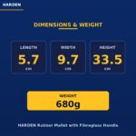 Harden Brand Logo and a Navy Page with Yellow Accent Section Title dimensions  Weight and Three Cards Showing Length 57 Cm Width 97 Cm Height 335 Cm Followed by a Yellow Block Displaying Weight 680 G Bottom Text Reads harden Rubber Mallet with Fibreglass Handle
