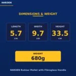 Dimensions and weight | Securadeal Harden Brand Logo and a Navy Page with Yellow Accent Section Title dimensions Weight and Three Cards Showing Length 57 Cm Width 97 Cm Height 335 Cm Followed by a Yellow Block Displaying Weight 680 G Bottom Text Reads harden Rubber Mallet with Fibreglass Handle