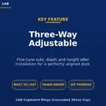 Key feature | Securadeal Lb Blue Hero Showcasing the three way Adjustable Hinge Feature with Three Yellow outlined Buttons Built to Last Trade grade Diy Friendly and Product Name at Bottom